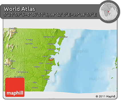 Physical 3D Map of the Area around 5° 4' 25" S, 39° 10' 29" E