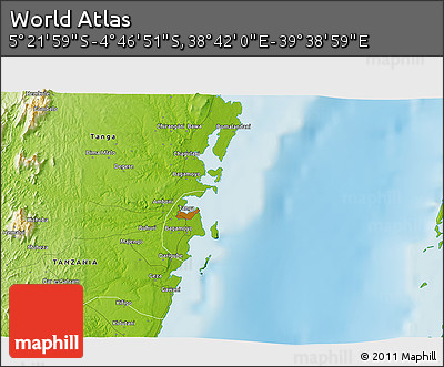 Physical 3D Map of the Area around 5° 4' 25" S, 39° 10' 29" E