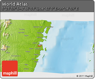 Physical 3D Map of the Area around 5° 4' 25" S, 39° 10' 29" E