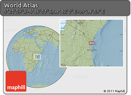 Savanna Style Location Map of the Area around 5° 4' 25" S, 39° 10' 29" E, hill shading