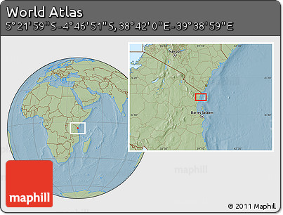 Savanna Style Location Map of the Area around 5° 4' 25" S, 39° 10' 29" E, hill shading