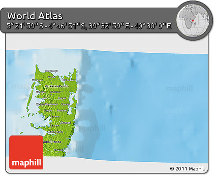 Physical 3D Map of the Area around 5° 4' 25" S, 40° 1' 29" E