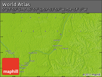 Physical Map of the Area around 5° 4' 25" S, 59° 25' 29" W