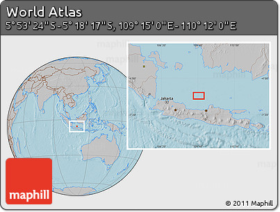 Gray Location Map of the Area around 5° 35' 51" S, 109° 43' 29" E, hill shading