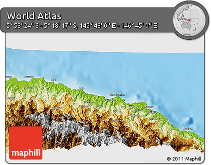 Physical 3D Map of the Area around 5° 35' 51" S, 146° 16' 30" E