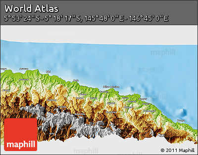 Physical 3D Map of the Area around 5° 35' 51" S, 146° 16' 30" E