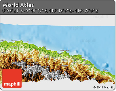 Physical 3D Map of the Area around 5° 35' 51" S, 146° 16' 30" E
