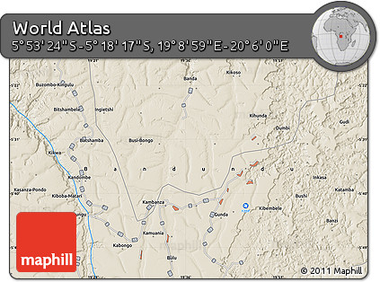 Shaded Relief Map of the Area around 5° 35' 51" S, 19° 37' 30" E