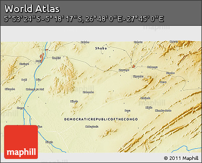 Physical 3D Map of the Area around 5° 35' 51" S, 27° 16' 29" E