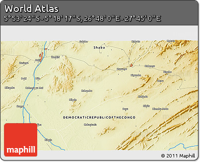 Physical 3D Map of the Area around 5° 35' 51" S, 27° 16' 29" E