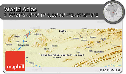 Physical Panoramic Map of the Area around 5° 35' 51" S, 27° 16' 29" E