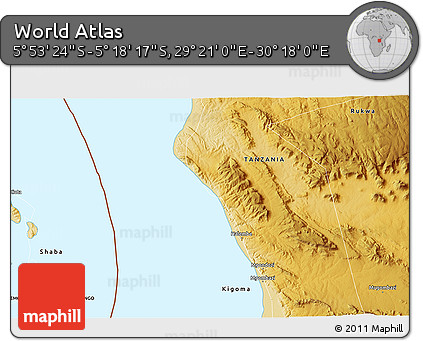 Physical 3D Map of the Area around 5° 35' 51" S, 29° 49' 30" E