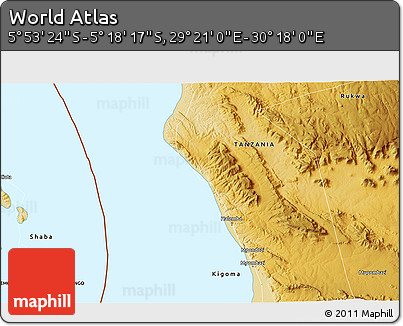 Physical 3D Map of the Area around 5° 35' 51" S, 29° 49' 30" E