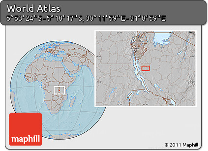 Gray Location Map of the Area around 5° 35' 51" S, 30° 40' 29" E, hill shading