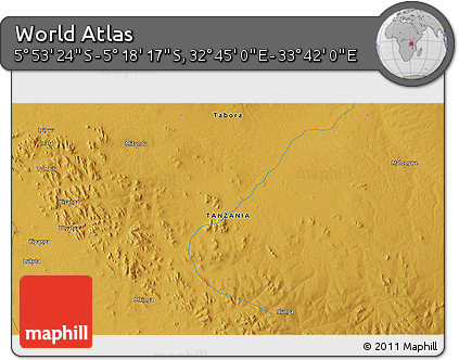 Physical 3D Map of the Area around 5° 35' 51" S, 33° 13' 30" E