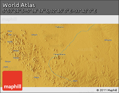 Physical 3D Map of the Area around 5° 35' 51" S, 33° 13' 30" E
