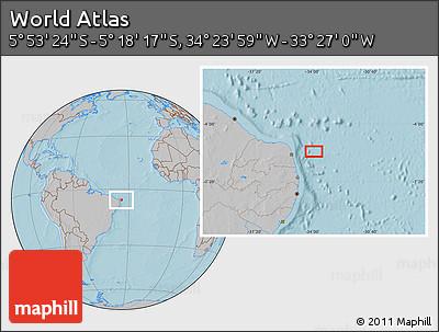 Gray Location Map of the Area around 5° 35' 51" S, 33° 55' 29" W, hill shading