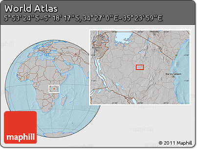 Gray Location Map of the Area around 5° 35' 51" S, 34° 55' 29" E, hill shading