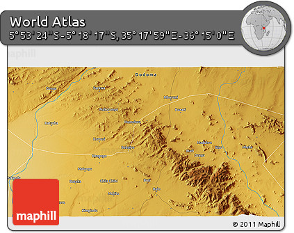 Physical 3D Map of the Area around 5° 35' 51" S, 35° 46' 29" E