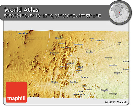 Physical 3D Map of the Area around 5° 35' 51" S, 37° 28' 30" E