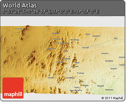 Physical 3D Map of the Area around 5° 35' 51" S, 37° 28' 30" E