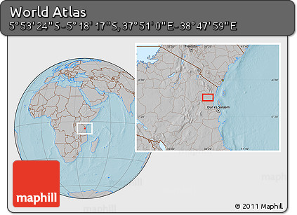Gray Location Map of the Area around 5° 35' 51" S, 38° 19' 30" E, hill shading