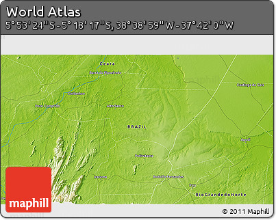 Physical 3D Map of the Area around 5° 35' 51" S, 38° 10' 29" W