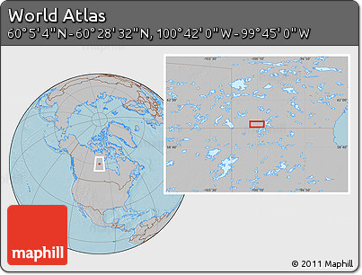 Gray Location Map of the Area around 60° 16' 48" N, 100° 13' 29" W, hill shading