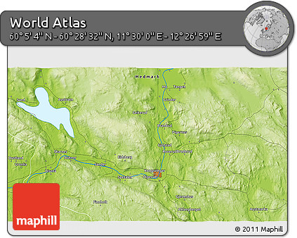 Physical 3D Map of the Area around 60° 16' 48" N, 11° 58' 29" E
