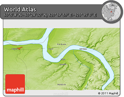 Physical 3D Map of the Area around 60° 16' 48" N, 120° 46' 30" E