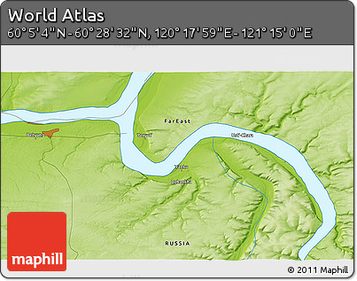 Physical 3D Map of the Area around 60° 16' 48" N, 120° 46' 30" E