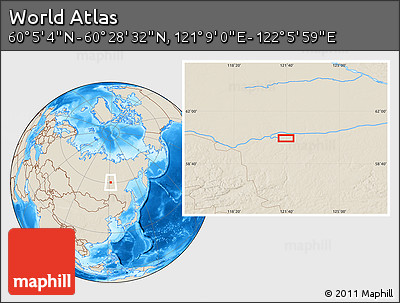 Shaded Relief Location Map of the Area around 60° 16' 48" N, 121° 37' 30" E