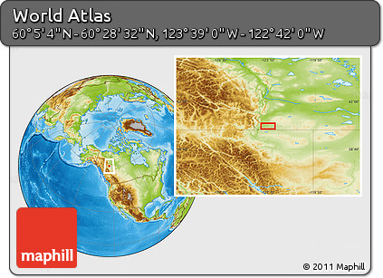 Physical Location Map of the Area around 60° 16' 48" N, 123° 10' 30" W