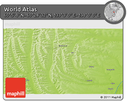 Physical 3D Map of the Area around 60° 16' 48" N, 133° 31' 30" E