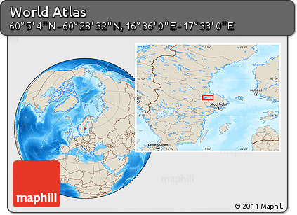 Shaded Relief Location Map of the Area around 60° 16' 48" N, 17° 4' 30" E
