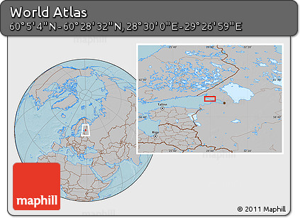Gray Location Map of the Area around 60° 16' 48" N, 28° 58' 30" E, hill shading