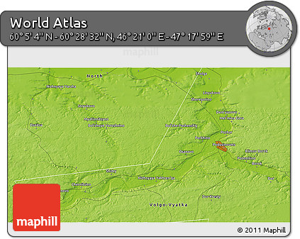 Physical 3D Map of the Area around 60° 16' 48" N, 46° 49' 30" E