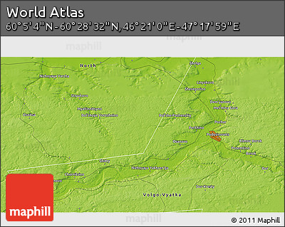 Physical 3D Map of the Area around 60° 16' 48" N, 46° 49' 30" E