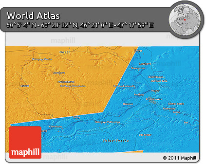 Political 3D Map of the Area around 60° 16' 48" N, 46° 49' 30" E