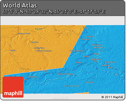 Political 3D Map of the Area around 60° 16' 48" N, 46° 49' 30" E