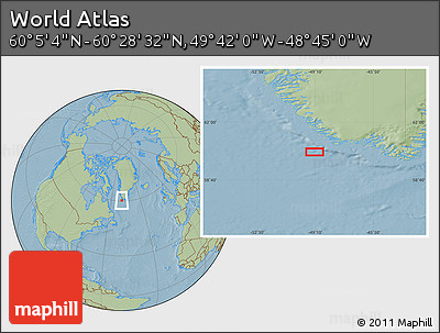 Savanna Style Location Map of the Area around 60° 16' 48" N, 49° 13' 30" W, hill shading