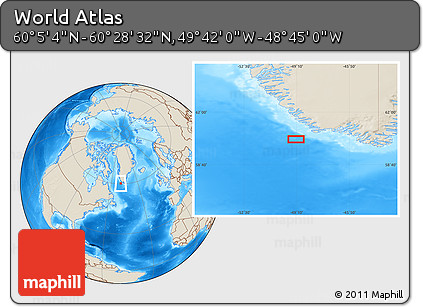 Shaded Relief Location Map of the Area around 60° 16' 48" N, 49° 13' 30" W