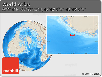 Shaded Relief Location Map of the Area around 60° 16' 48" N, 49° 13' 30" W
