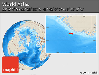 Shaded Relief Location Map of the Area around 60° 16' 48" N, 49° 13' 30" W