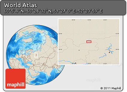 Shaded Relief Location Map of the Area around 60° 16' 48" N, 51° 55' 29" E