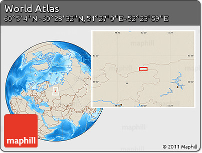 Shaded Relief Location Map of the Area around 60° 16' 48" N, 51° 55' 29" E