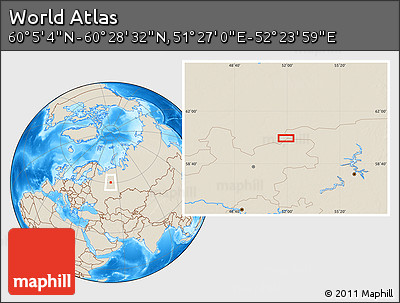 Shaded Relief Location Map of the Area around 60° 16' 48" N, 51° 55' 29" E