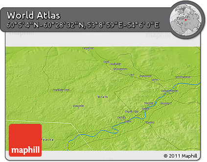 Physical 3D Map of the Area around 60° 16' 48" N, 53° 37' 30" E