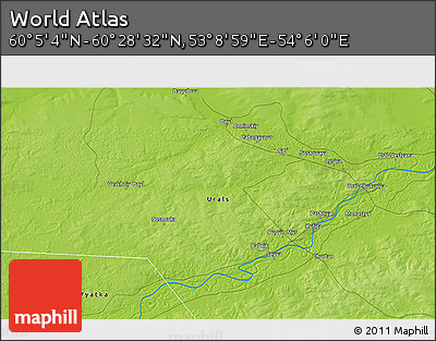 Physical 3D Map of the Area around 60° 16' 48" N, 53° 37' 30" E