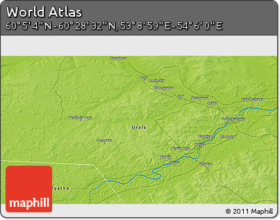 Physical 3D Map of the Area around 60° 16' 48" N, 53° 37' 30" E
